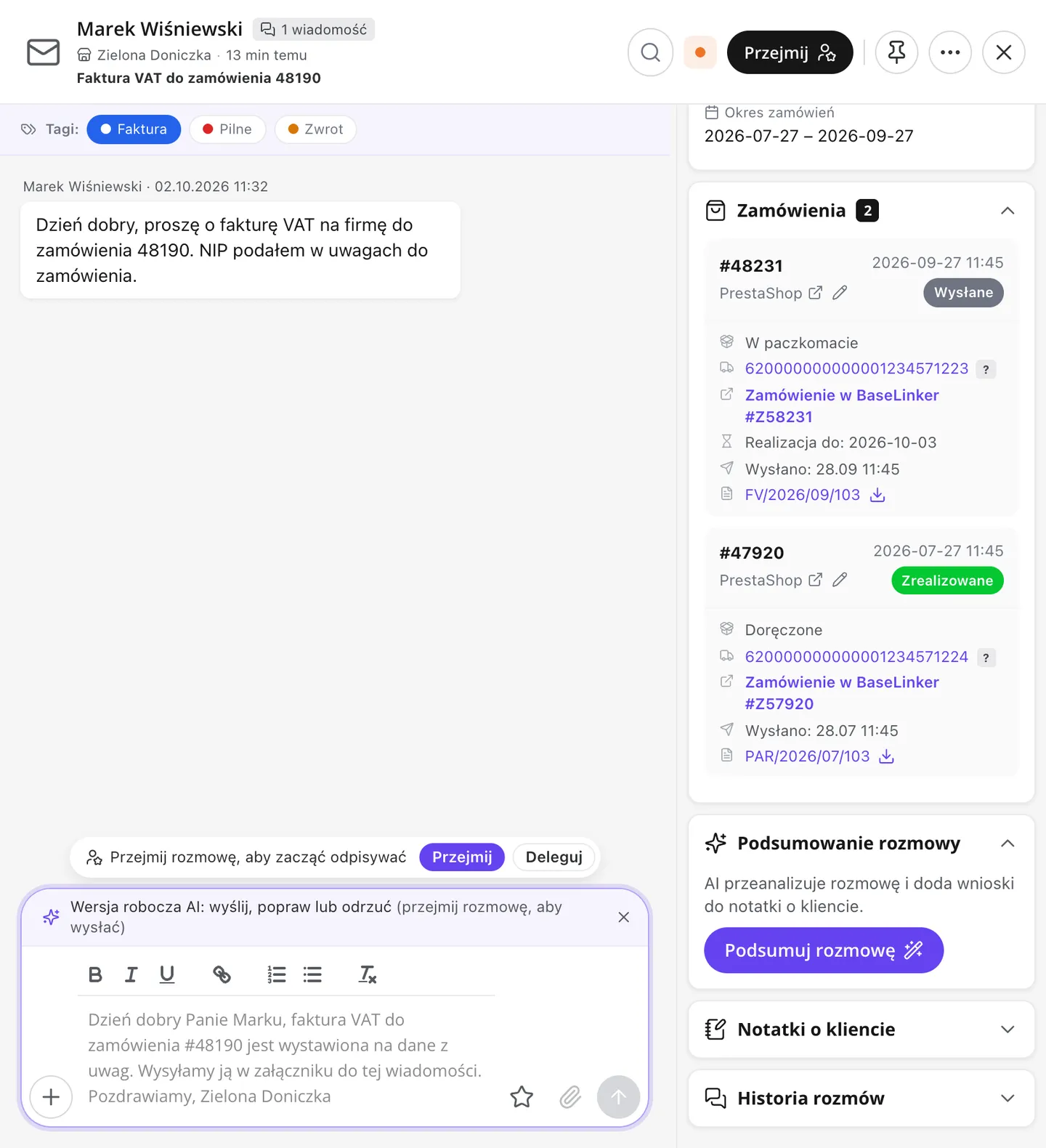 Zamówienia z PrestaShop przy rozmowie: status, przesyłka, faktura