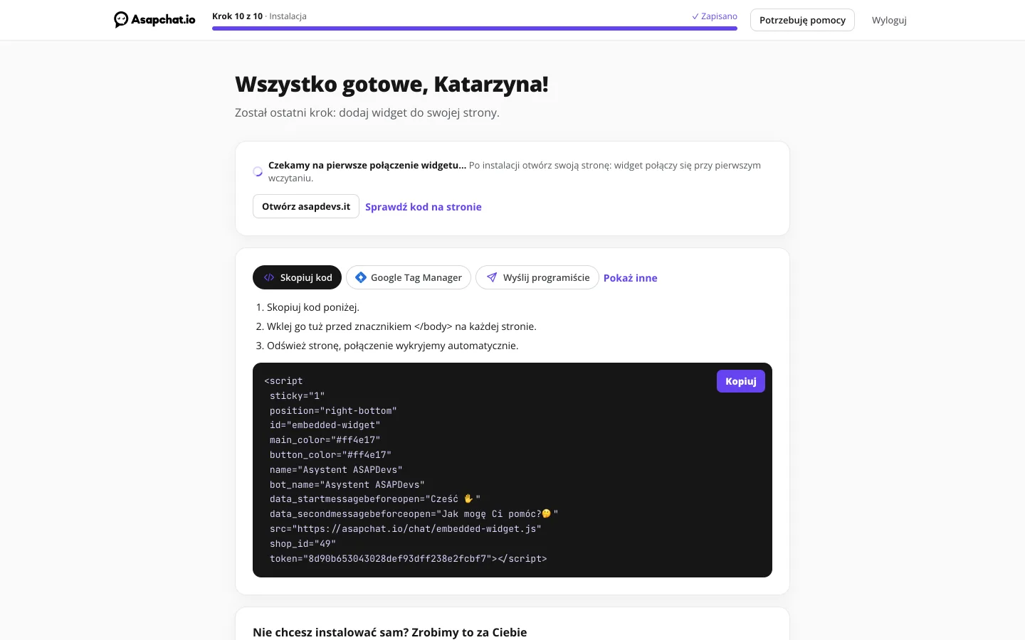 Ostatni krok kreatora: kod widgetu do wklejenia i instalacja przez Google Tag Manager