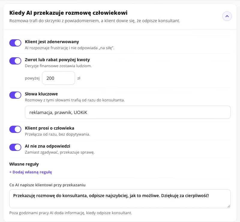 Reguły przekazania rozmowy człowiekowi: zdenerwowany klient, zwrot powyżej kwoty, słowa kluczowe