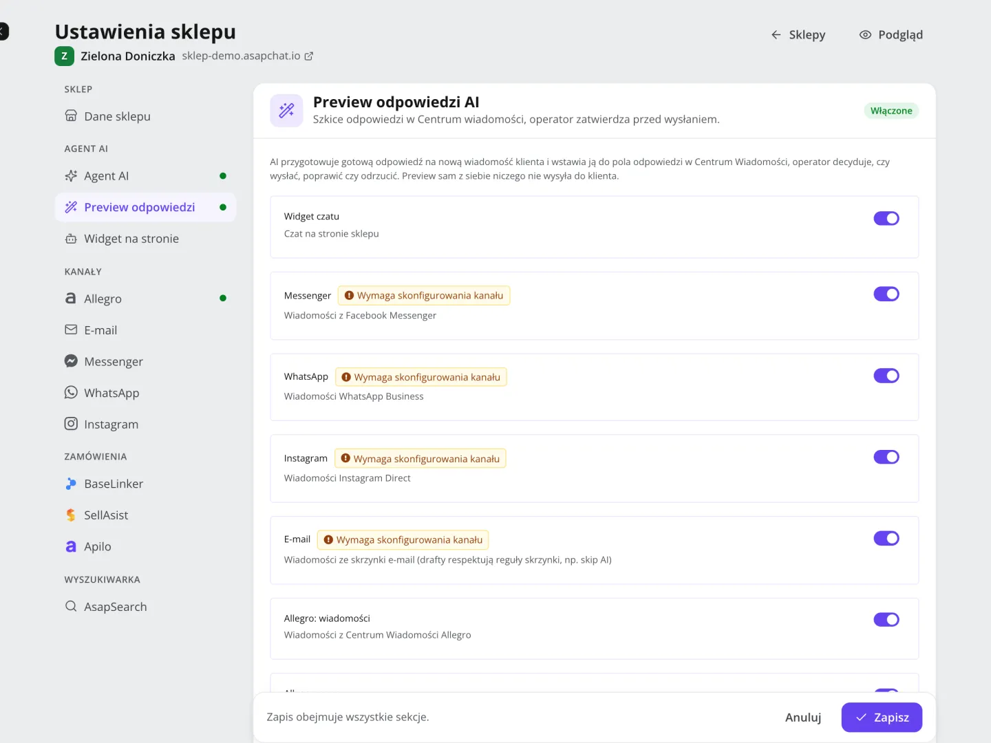 Ustawienia szkiców AI dla kanałów: czat, Messenger, WhatsApp, Instagram, e-mail, Allegro